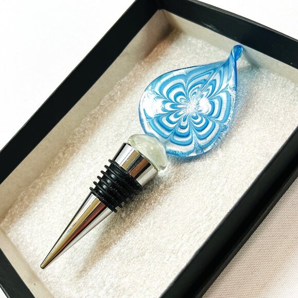 Art Glass Corkscrew & Stopper Set Teal White Iridescent Paragon Wine Accessories - Picture 8 of 11